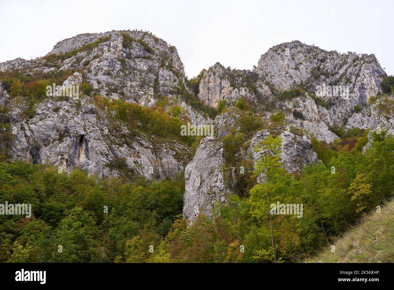 Landscape with rocky mountains and forests at the beginning of autumn ...