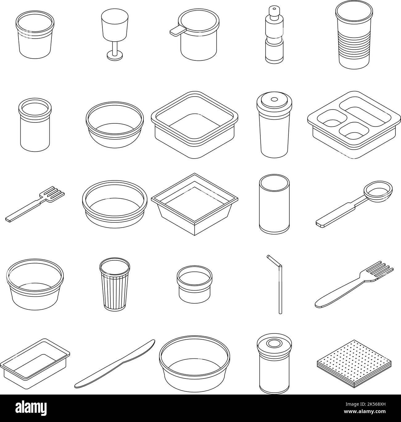Plastic tableware icons set. Isometric set of plastic tableware vector