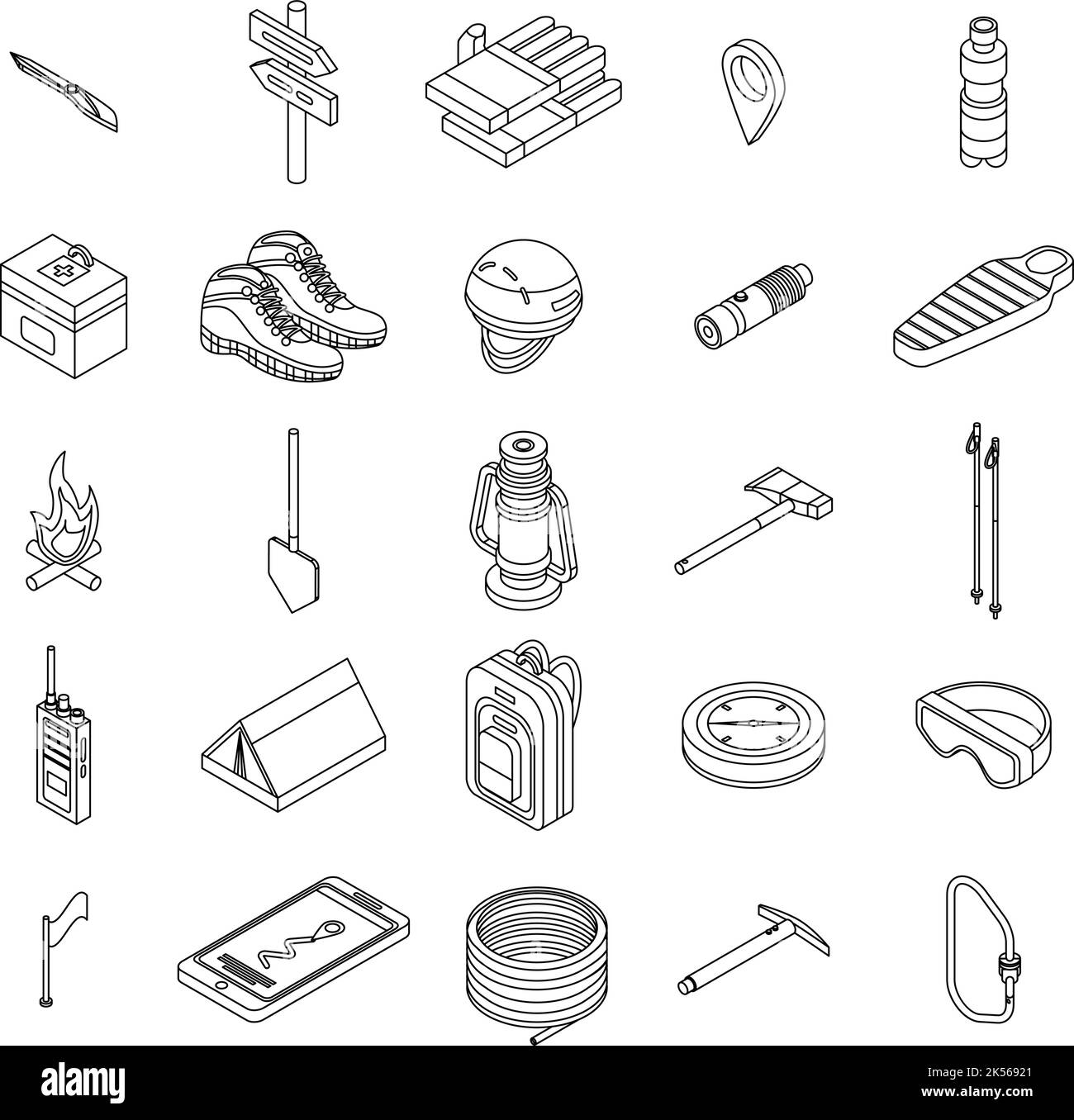 Mountaineering equipment icons set. Isometric set of mountaineering