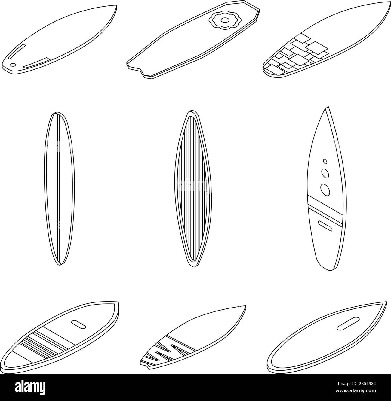 Surfboard icons set. Isometric set of surfboard vector icons outline