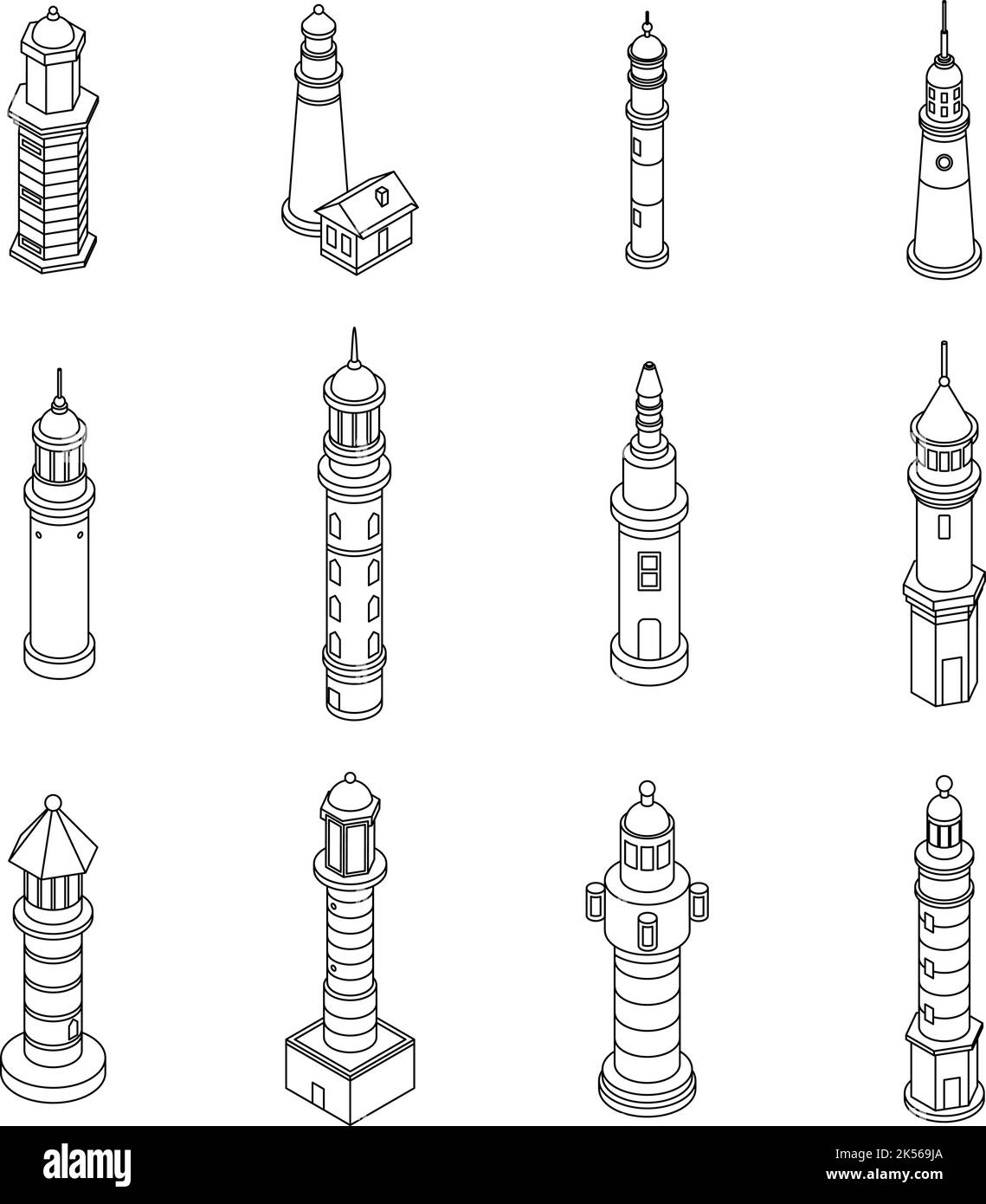 Lighthouse icons set. Isometric set of lighthouse vector icons outline isolated on white background Stock Vector