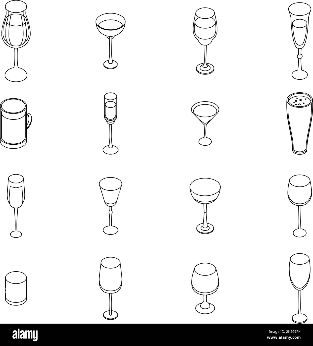 Wineglass icons set. Isometric set of wineglass vector icons outline isolated on white background Stock Vector