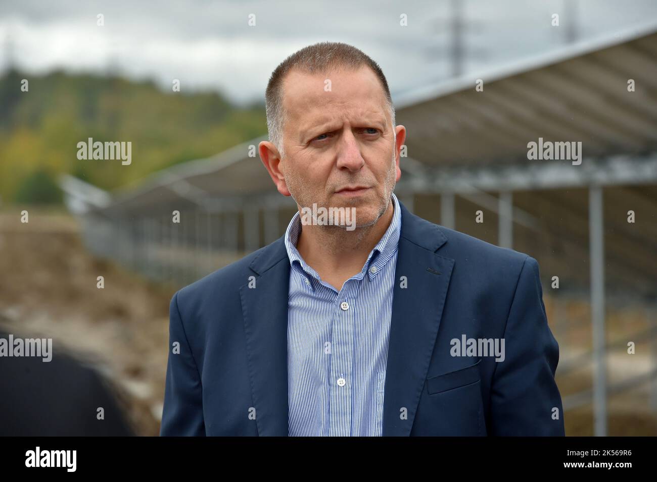 Lomnice, Czech Republic. 06th Oct, 2022. Pavel Tomek, Chairman of the Supervisory Board SUAS GROUP attends launch of SUAS GROUP´s first photovoltaic park in Lipnice near Sokolov, Czech Republic, October 6, 2022. Credit: Slavomir Kubes/CTK Photo/Alamy Live News Stock Photo