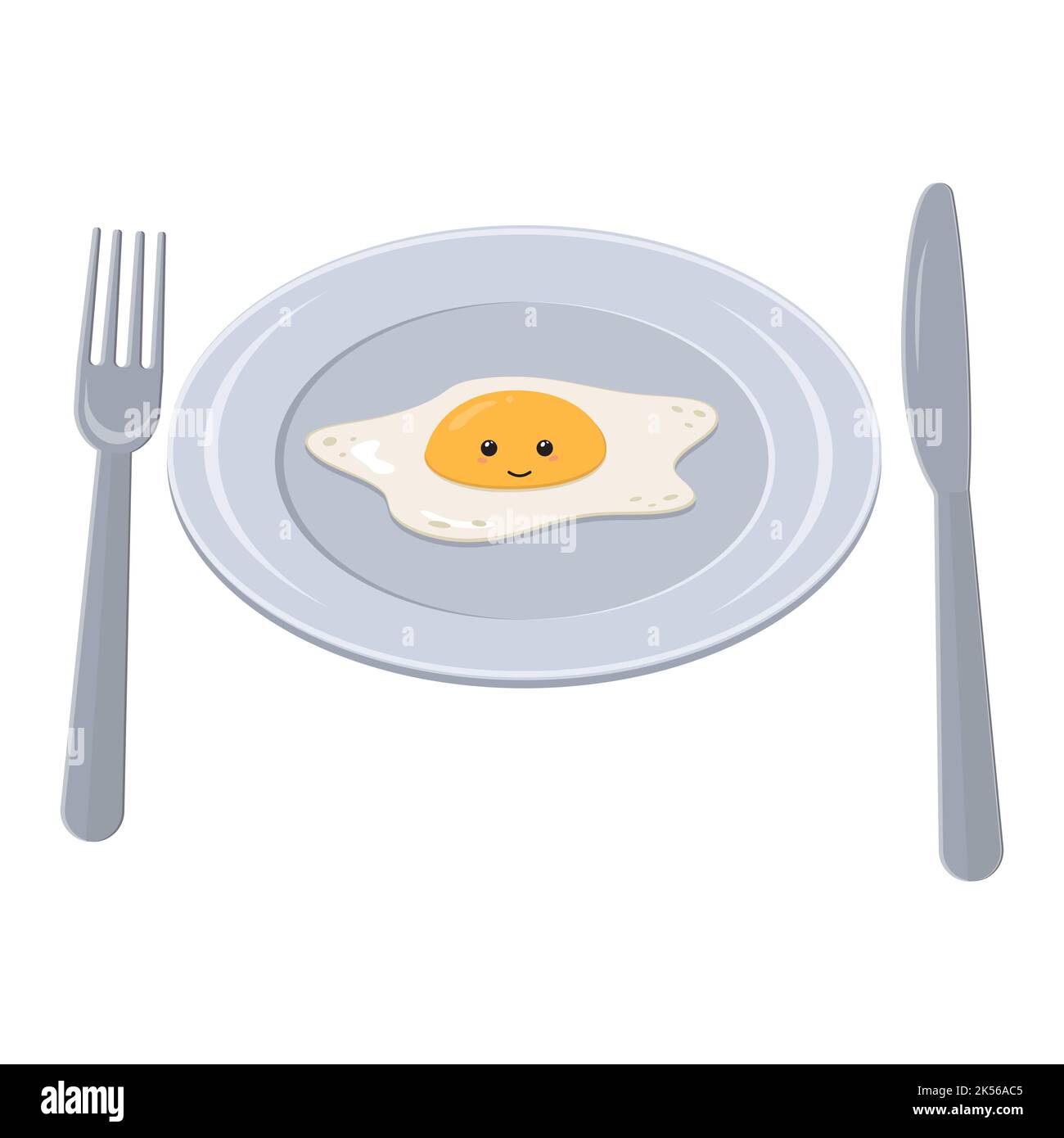 Fried kawaii egg on a plate, color isolated vector illustration in