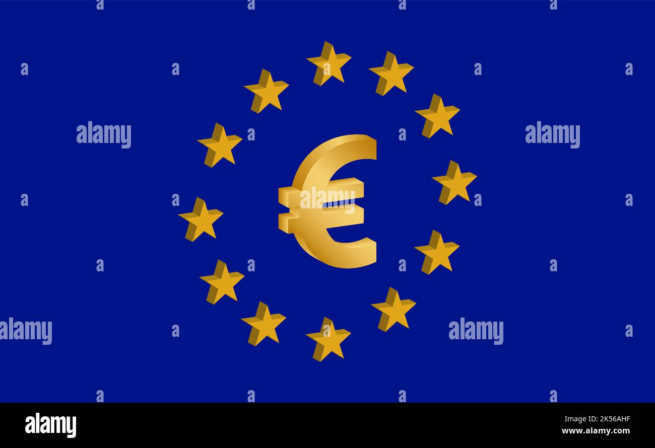 Flag of Europe and Euro symbol isolated on blue background. 3D style vector illustration Stock Vector
