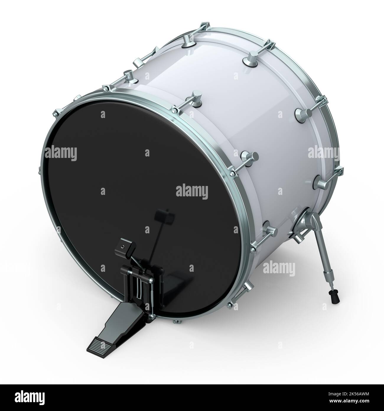 Realistic drum with pedal on white background. 3d render concept of
