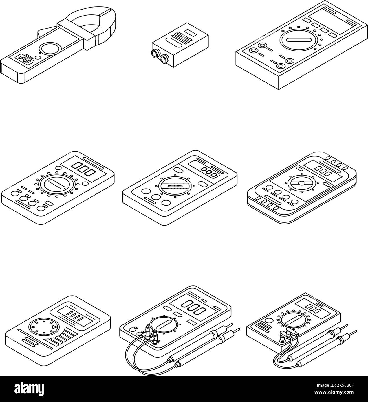 Multimeter icons set. Isometric set of multimeter vector icons outline