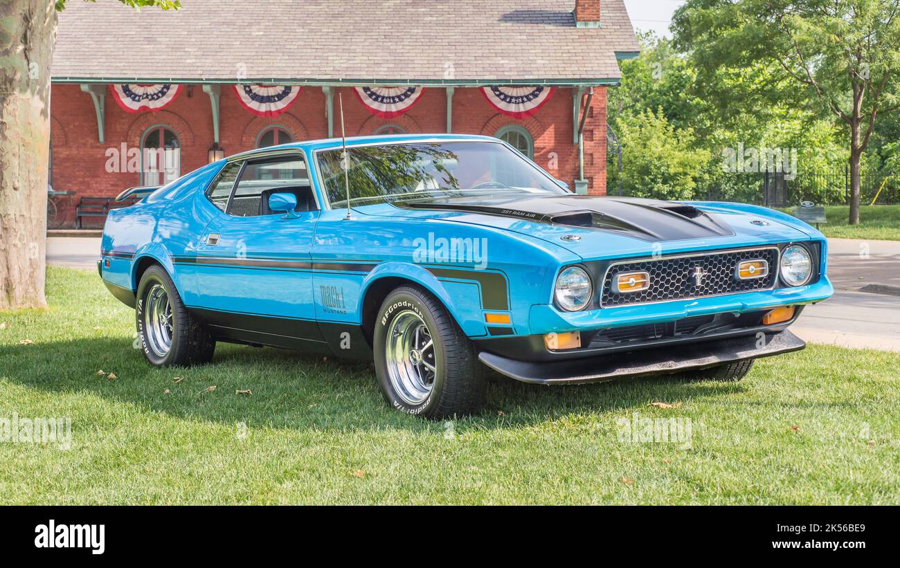 DEARBORN, MI/USA - JUNE 17, 2017: A 1971 Ford Mustang Mach 1 car with Ram Air (NACA Ducts)  at The Henry Ford (THF) Motor Muster car show, Greenfield Stock Photo