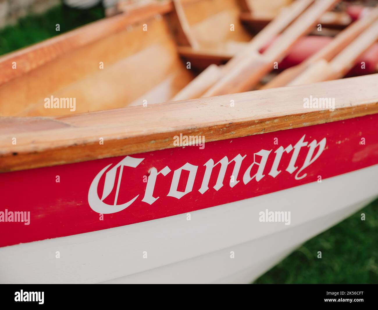 Cromarty Community Rowing Club skiff detail in Cromarty, Black Isle, Ross & Cromarty, Highland, Scotland UK Stock Photo