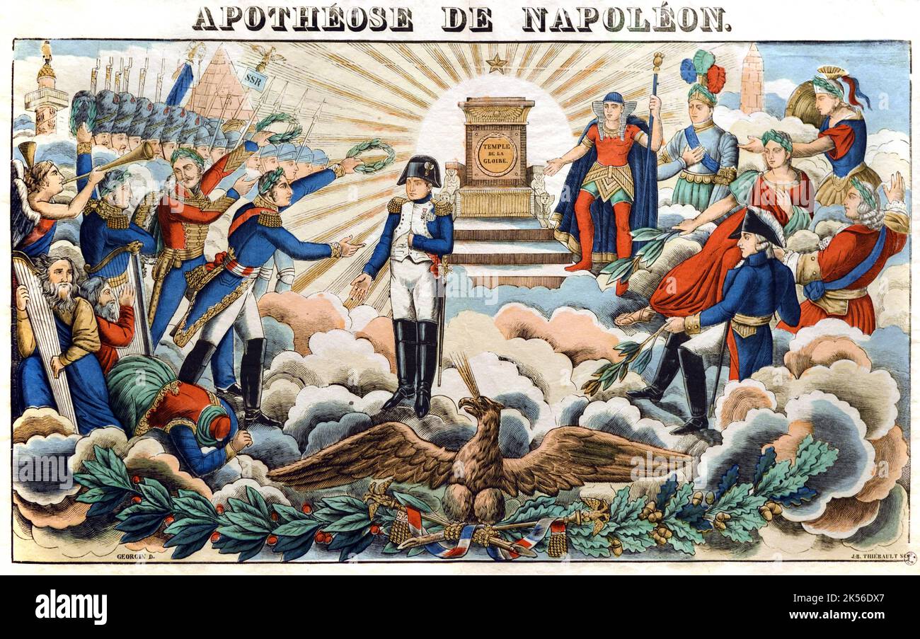 The Glorification, Deification, Divinization or Apotheosis of Napoleon Bonaparte, surrounded by other Historical Figures including Sesostris, Alexander the Great, and Cesar. 1837 Epinal Illustration or Engraving Stock Photo