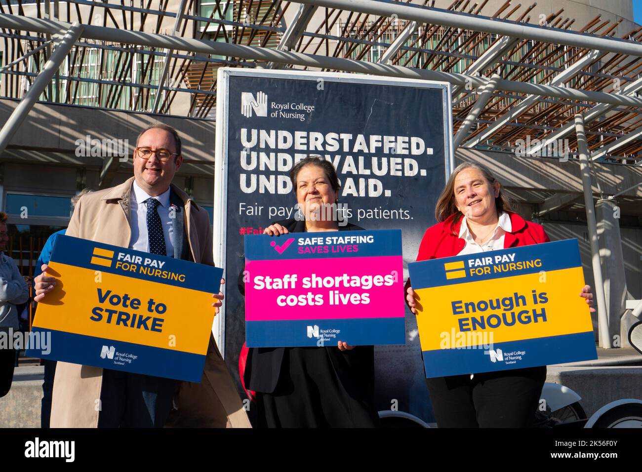 Edinburgh, Scotland, UK. 6th October 2022. Demonstration by The Royal College of Nursing outside Scottish Parliament today to protest at current staff shortages and low pay levels. Pic; Jackie Bailie MSP (c) attended the rally.    Iain Masterton/Alamy Live News Stock Photo