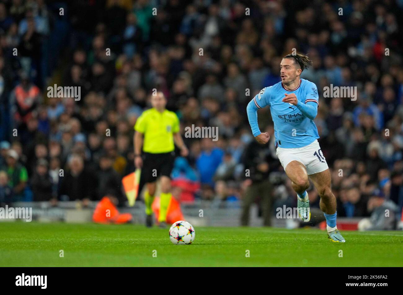Manchester Stadium, Manchester, UK. 5th Oct, 2022. Jack Grealish (Manchester City) controls the ball during Manchester City and FC Copenhagen at City of Manchester Stadium, Manchester, England. Ulrik Pedersen/CSM/Alamy Live News Stock Photo