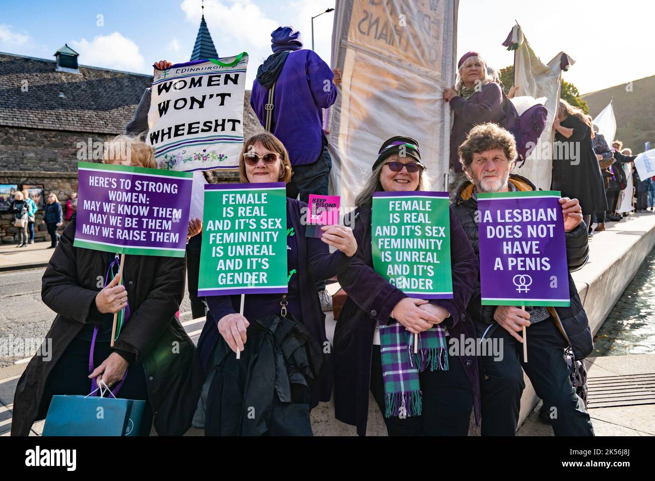 Edinburgh, Scotland, UK. 6th October 2022. Demonstration against gender Self ID organised by the For Women protest group at the Scottish Parliament in Holyrood today. A Holyrood inquiry approved plans to allow Scots to self-identify their legal gender without medical proof. MSPs have backed new legislation which would allow 16-year-olds to apply for a Gender Recognition Certificate (GRC) without a formal diagnosis of gender dysphoria.   Iain Masterton/Alamy Live News Stock Photo