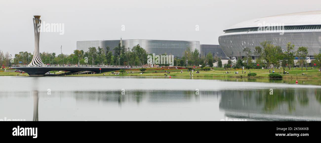 Chengdu, China - 4th October 2022: Panoramic shot of Dong’an Lake Sports Park, main venue of the postponed Chengdu 2021 World University Games, with t Stock Photo