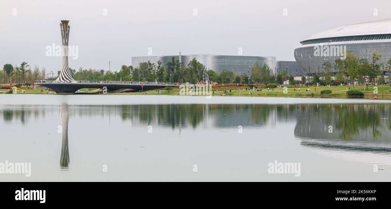Chengdu, China - 4th October 2022: Panoramic shot of Dong’an Lake Sports Park, main venue of the Chengdu 2021 World University Games, torch tower and Stock Photo
