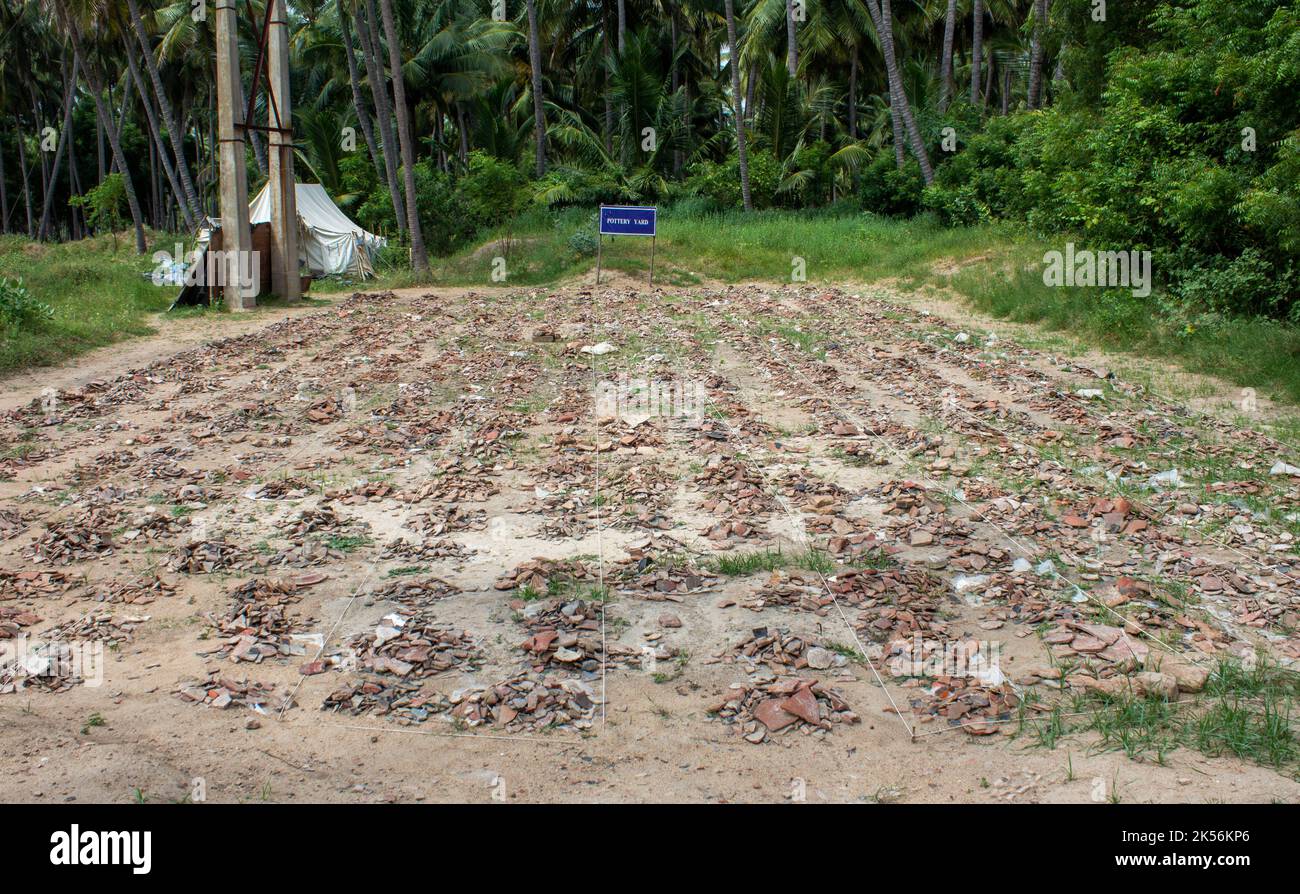 Heap of broken pottery pieces at Keezhadi excavation site, Madurai