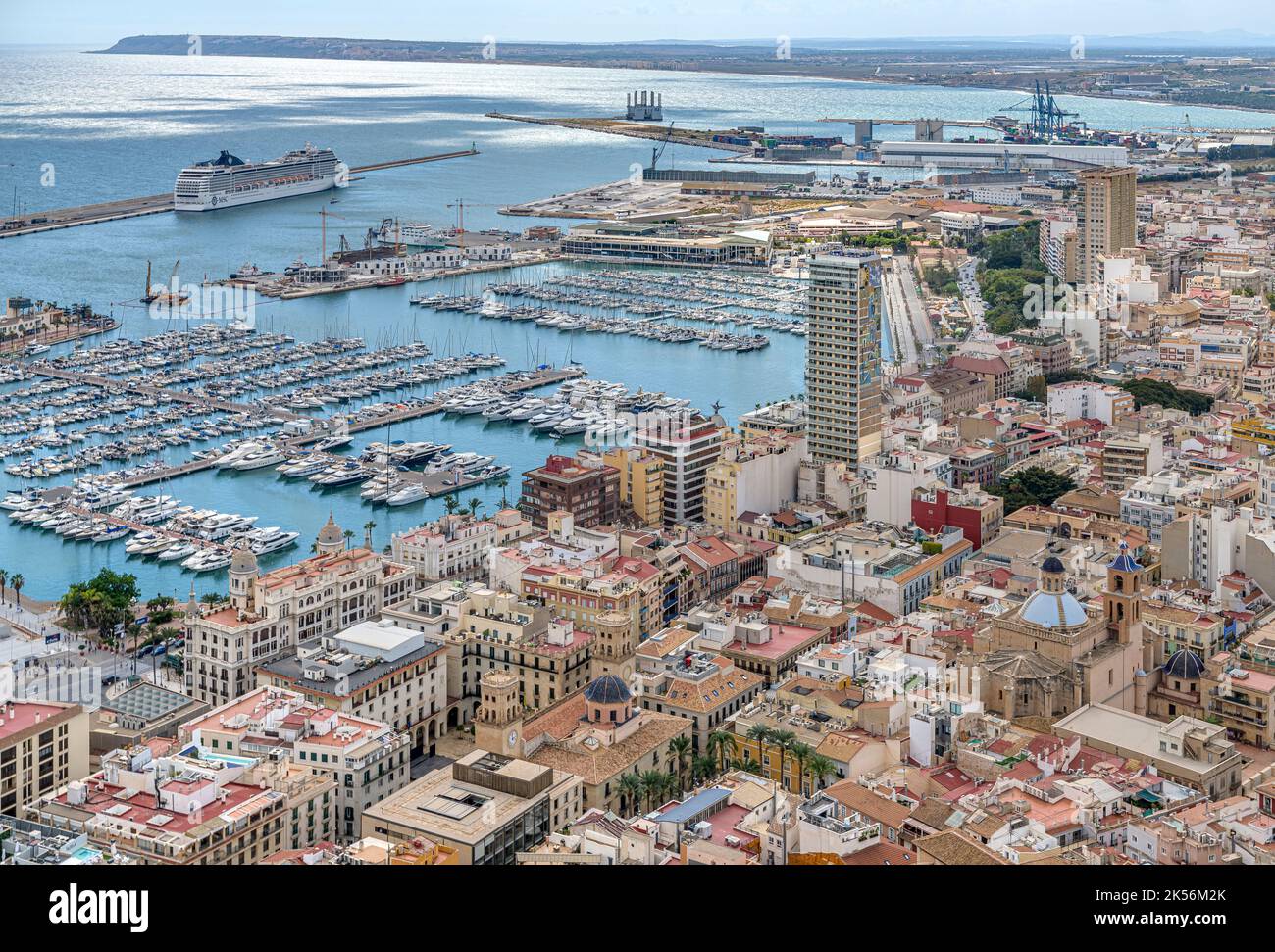 A bird's eye view over the port city of Alicante on the Costa Blanca in southern Spain. Marina shots taken from Castillo de Santa Barbara. Stock Photo
