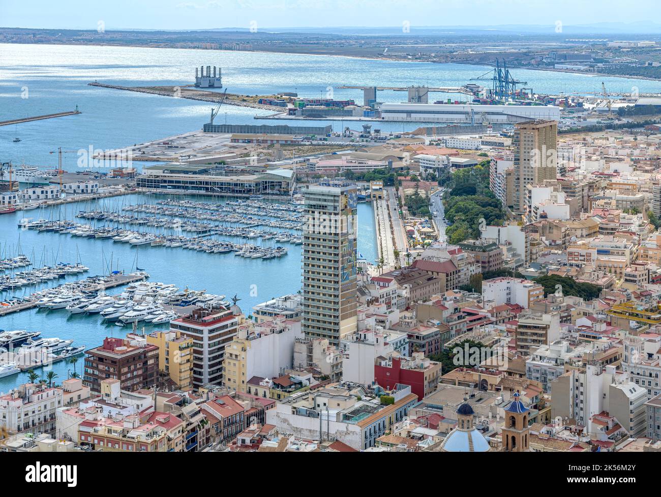 A bird's eye view over the port city of Alicante on the Costa Blanca in southern Spain. Marina shots taken from Castillo de Santa Barbara. Stock Photo