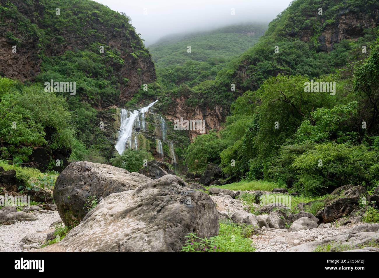 Ayn Khor during the autumn rainy season or khareef. Waterfall and natural pool close to Salalah, Oman Stock Photo