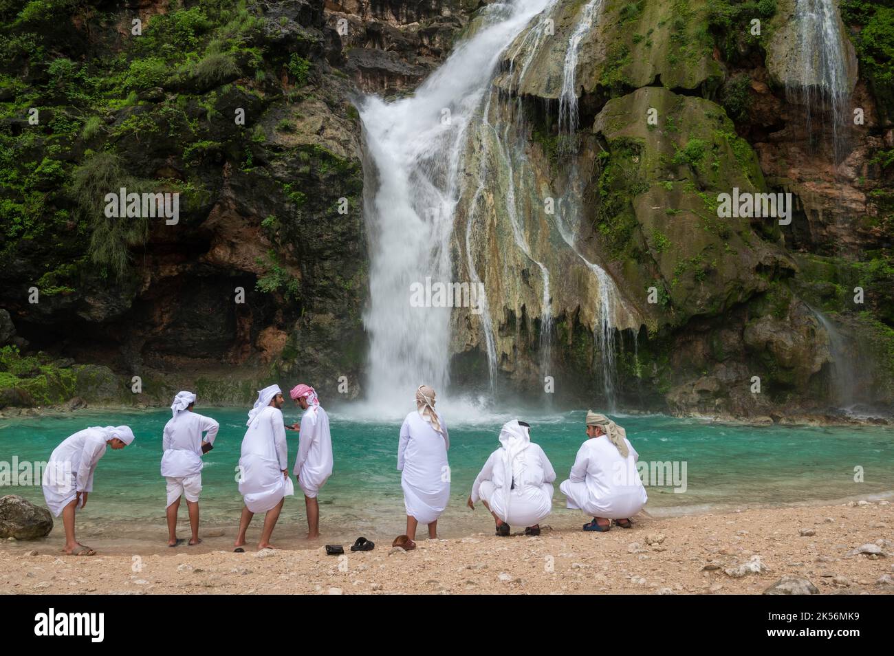 Ayn Khor during the autumn rainy season or khareef. Waterfall and natural pool close to Salalah, Oman Stock Photo