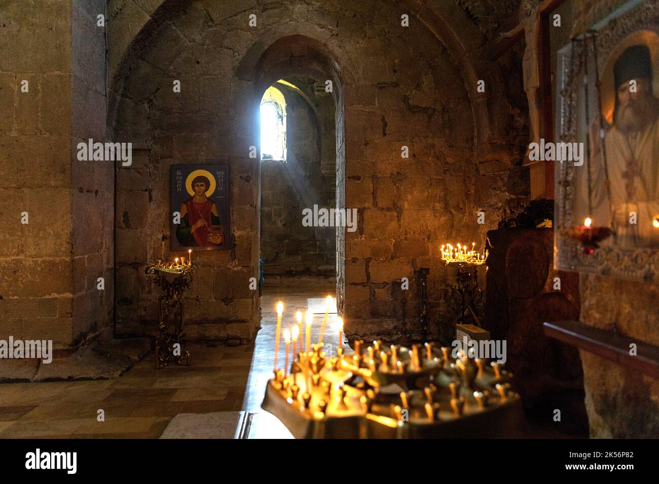 Easter holidays, celebrating easter, candle lights in beautiful Svetitskhoveli Cathedral, Georgian Orthodox Church near Tbilisi in Georgia Stock Photo
