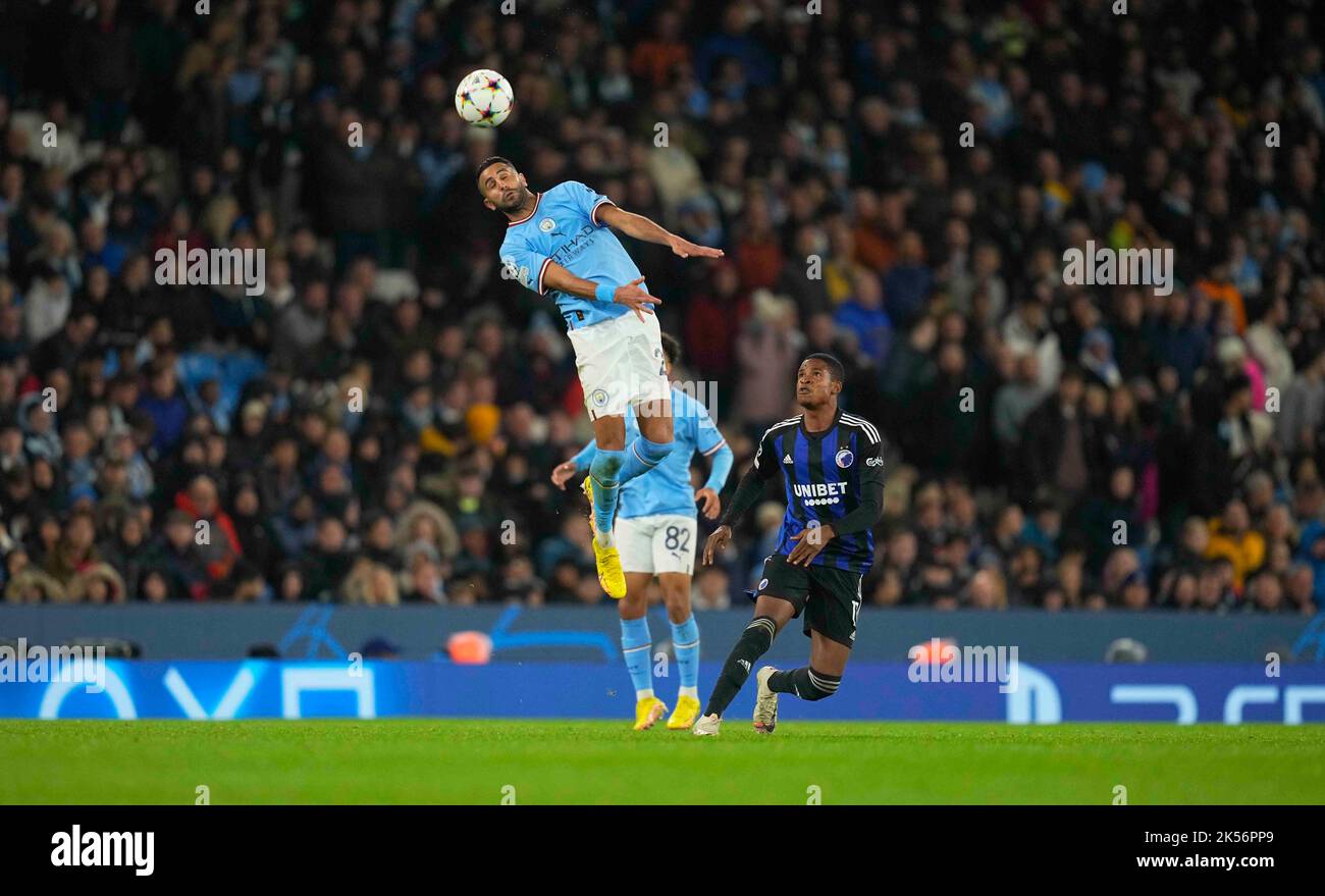 Manchester Stadium, Manchester, UK. 5th Oct, 2022. Riyad Mahrez (Manchester City) controls the ball during Manchester City and FC Copenhagen at City of Manchester Stadium, Manchester, England. Ulrik Pedersen/CSM/Alamy Live News Stock Photo