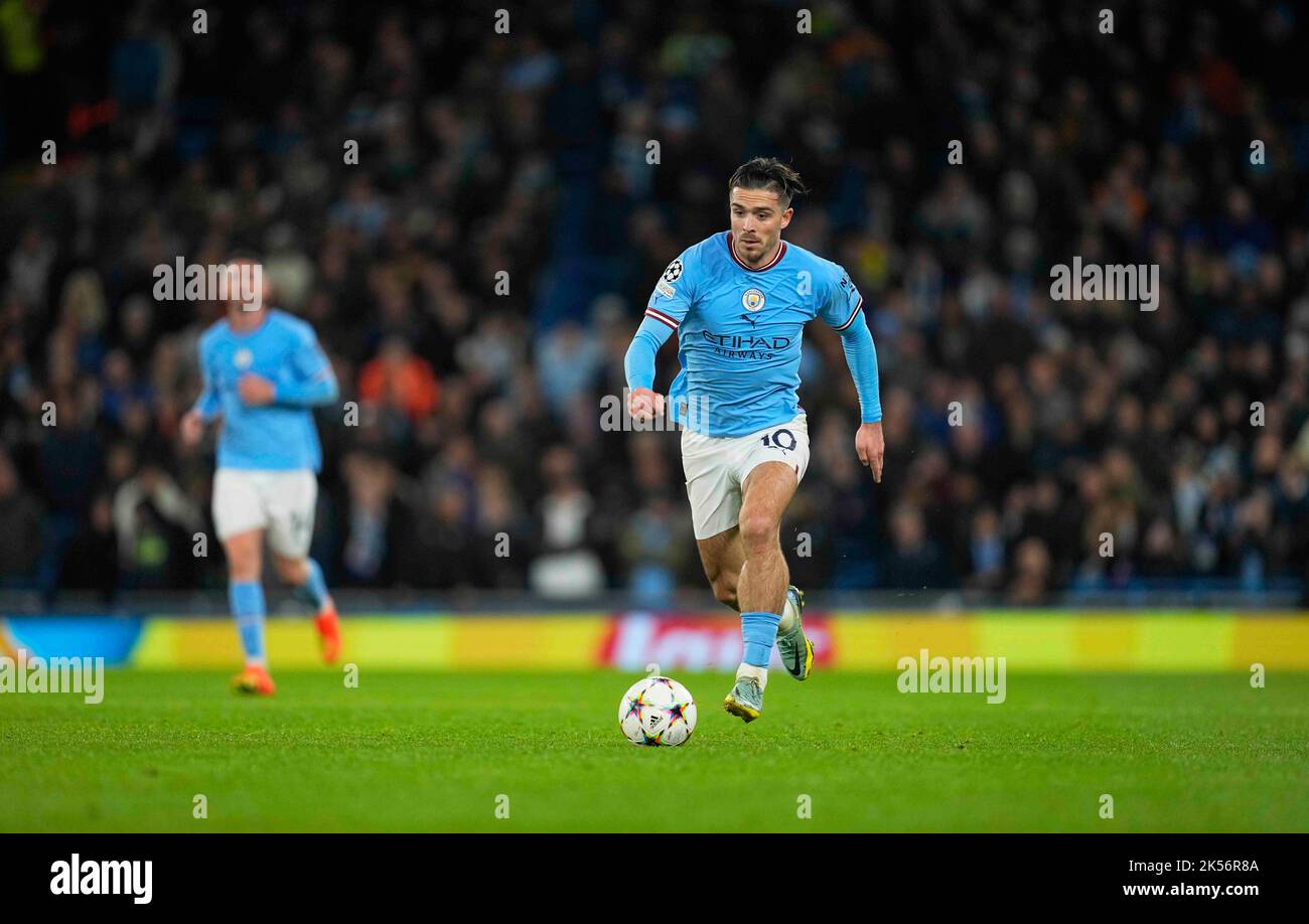 Manchester Stadium, Manchester, UK. 5th Oct, 2022. Jack Grealish (Manchester City) controls the ball during Manchester City and FC Copenhagen at City of Manchester Stadium, Manchester, England. Ulrik Pedersen/CSM/Alamy Live News Stock Photo