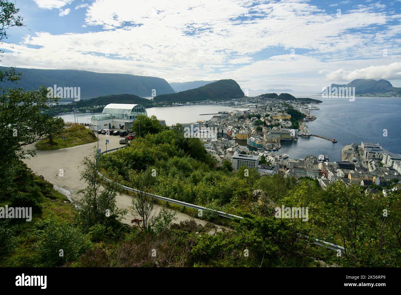 Ålesund: The view from the Fjellstua Viewpoint / the Town Mountain and Aksla viewpoint. Restaurant at the top. Stock Photo