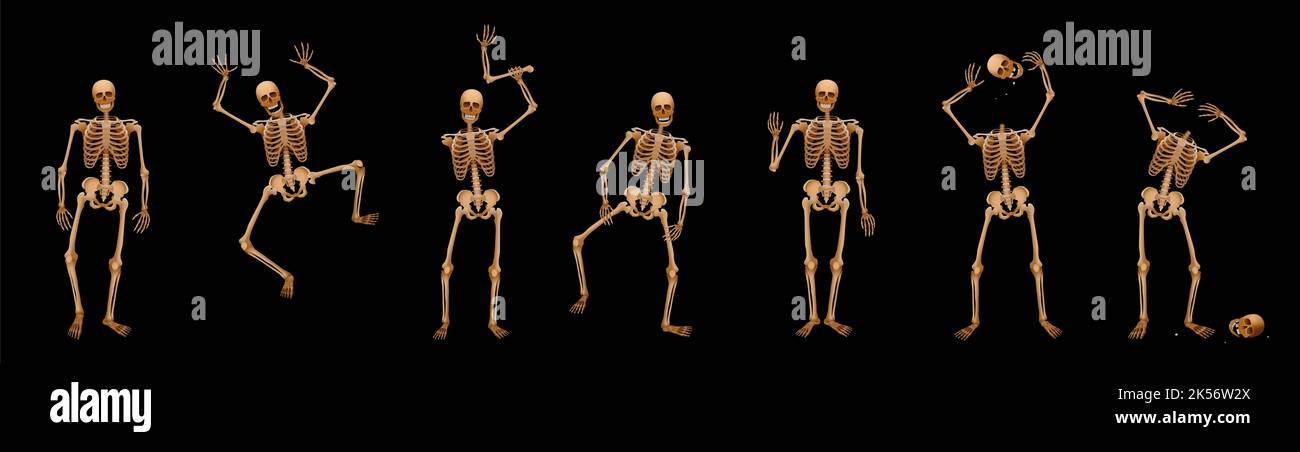 Skeletons, differing poses, walking, jumping, scaring, waving, greeting, juggling with the head and being headless – creepy, spooky, frightening. Stock Photo