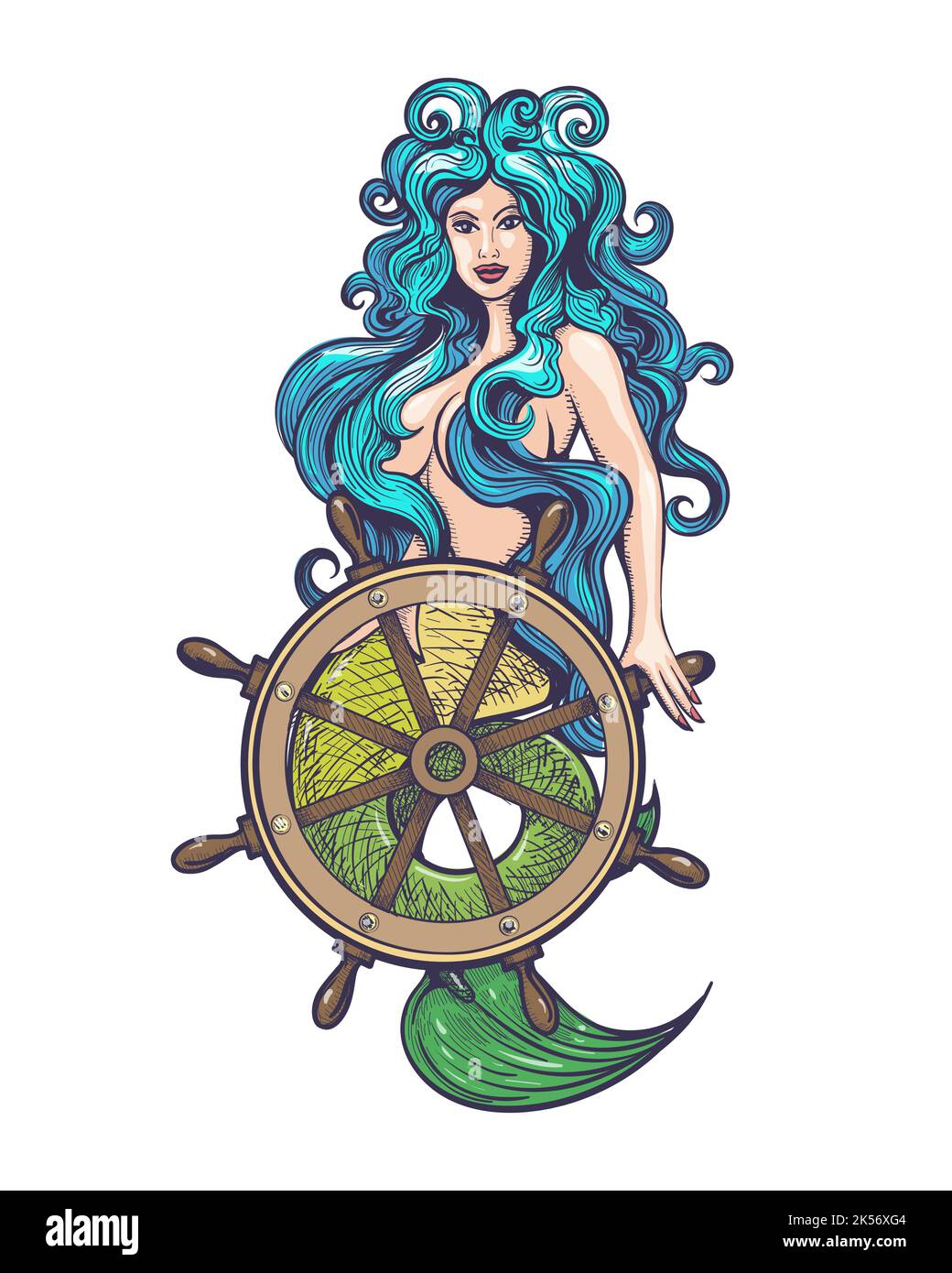 Mermaid with Steering Wheel in Vintage Style. Vector Tattoo isolated on white. - Stock Image