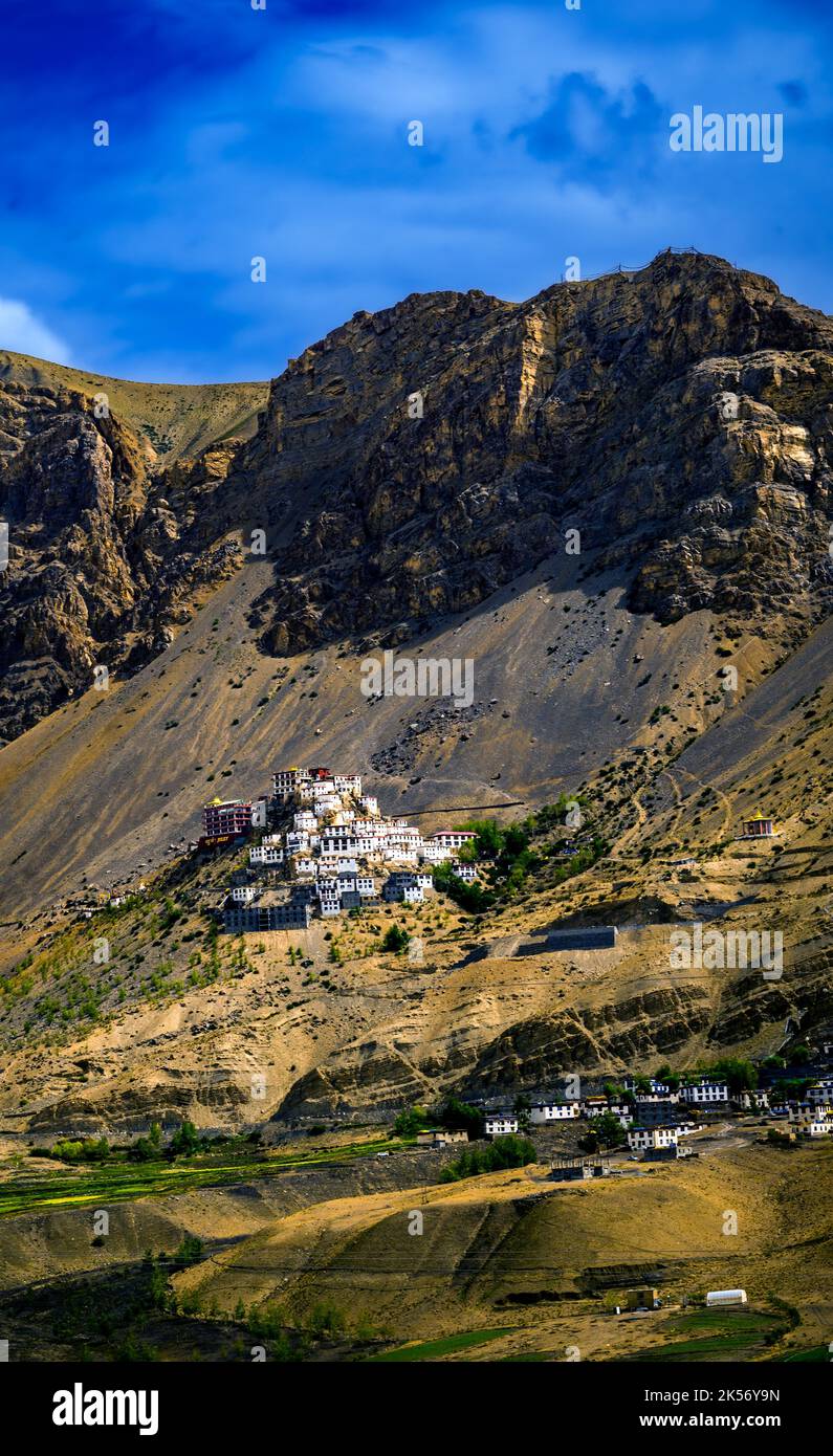 Breath-taking horizontal view of ancient Tibetan Key Monastery, Spiti valley, Himachal Pradesh, Lahaul and Spiti district, India Stock Photo
