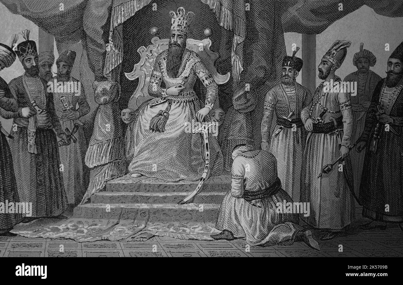 Ottoman Empire. Turkey. Sultan received in the courtroom of the Topkapi Palace counselors. Istanbul. Engraving 19th century. Stock Photo
