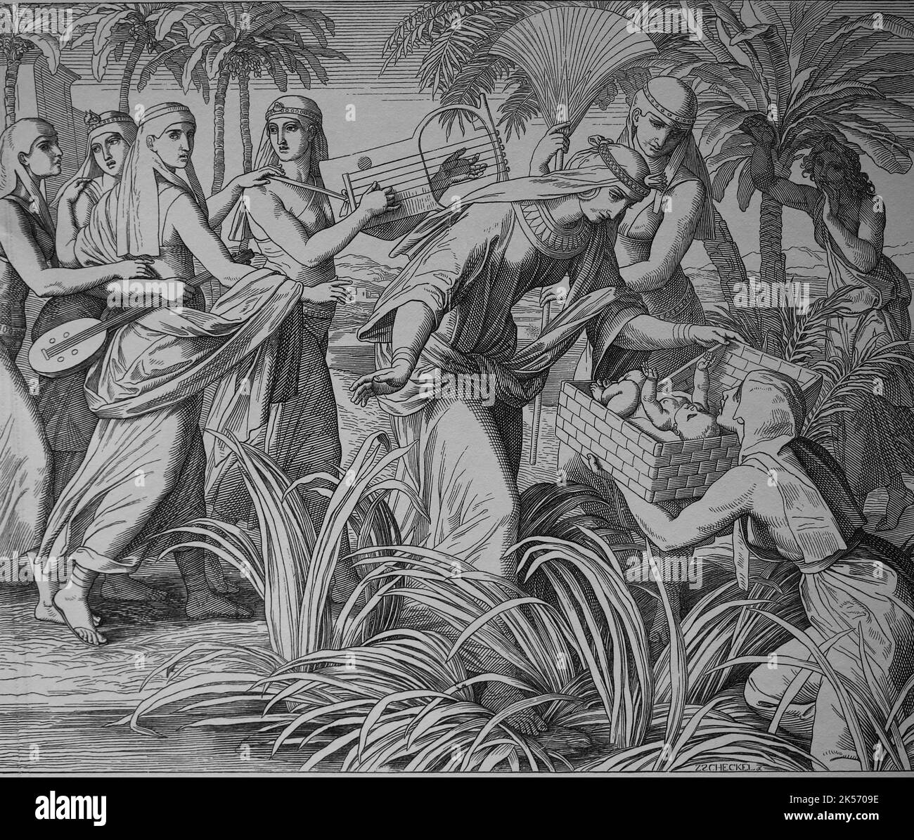 The discovery of Moses. Book of Exodus.  Engraving. 19th century. Stock Photo