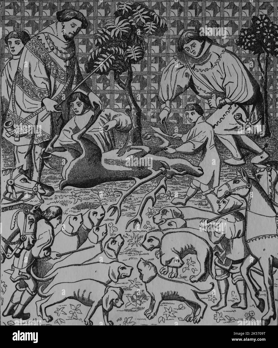 Feudalism. Hunter scene. The way to skin a stag. Engraving. Stock Photo