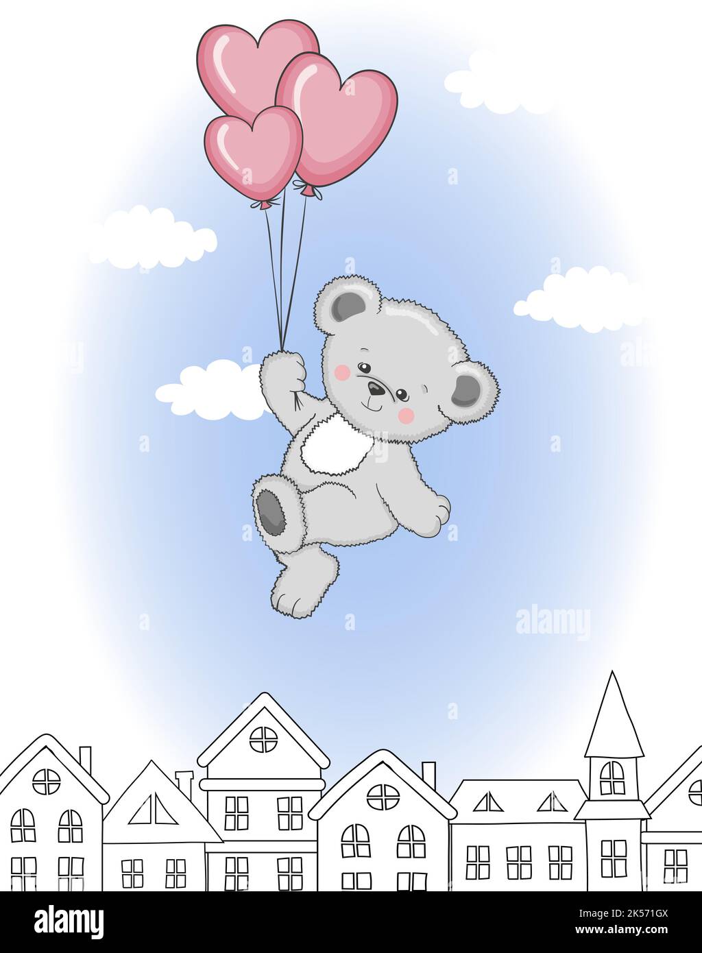 Birthday card with cute cartoon Teddy bear flying on balloons. Vector ...