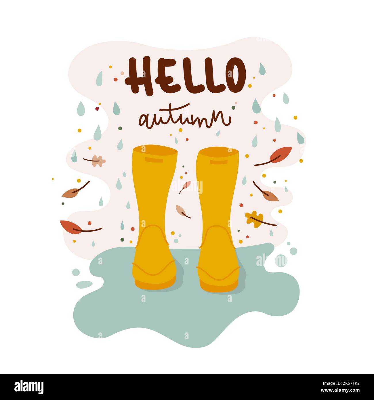 Hello autumn. Yellow rubber boots in a puddle. Falling leaves and rain. Vector illustration, flat design Stock Vector