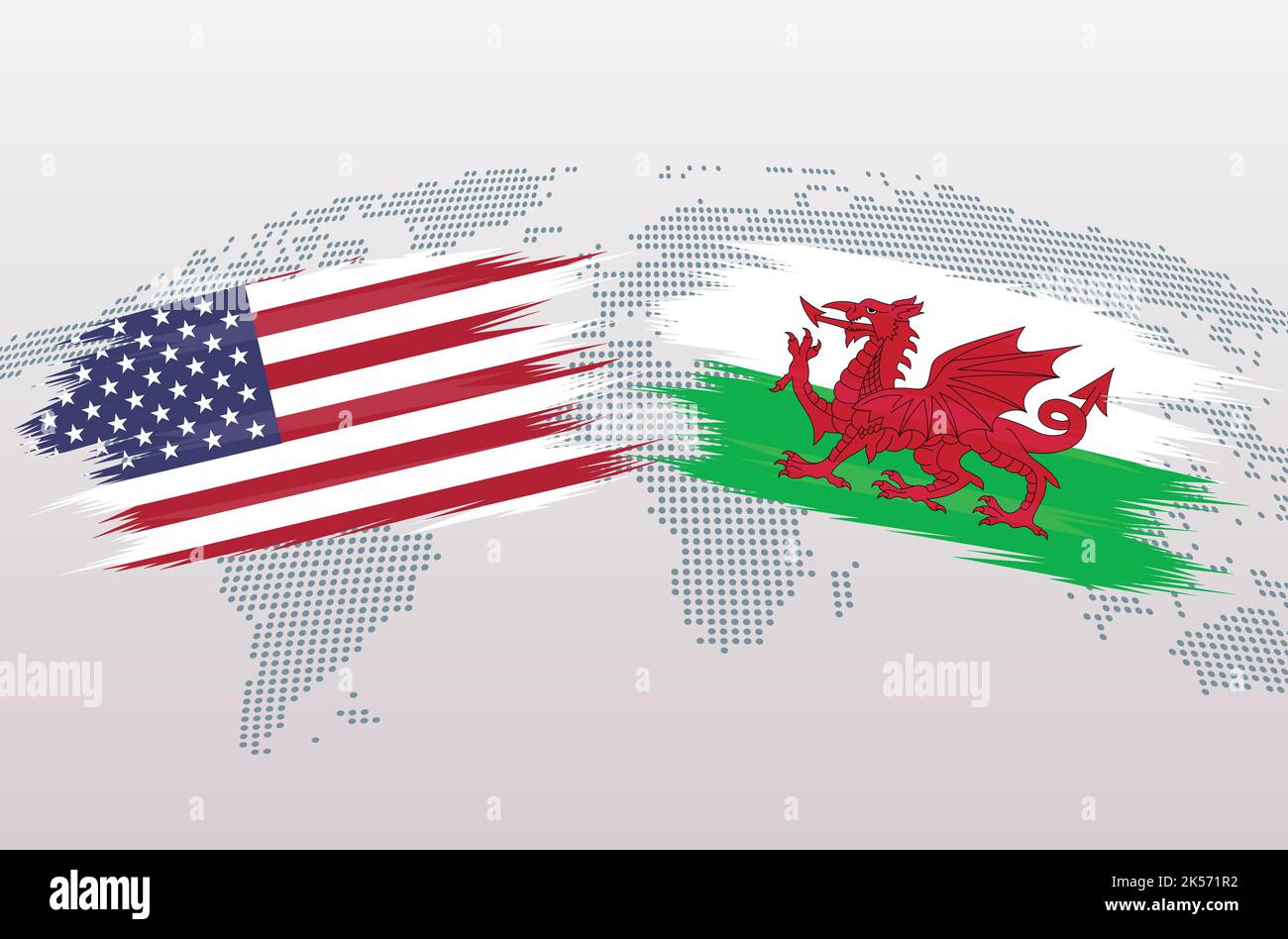 United States USA vs Wales soccer ball in flag design on world map background for football tournament, vector for sport match template or banner. Stock Vector