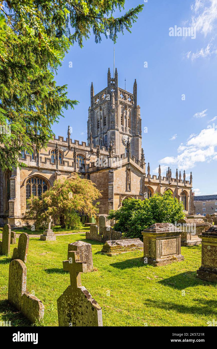 15th century St Mary's church in the Cotswold town of Fairford, Gloucestershire, England UK - Famous for its stained glass windows. Stock Photo