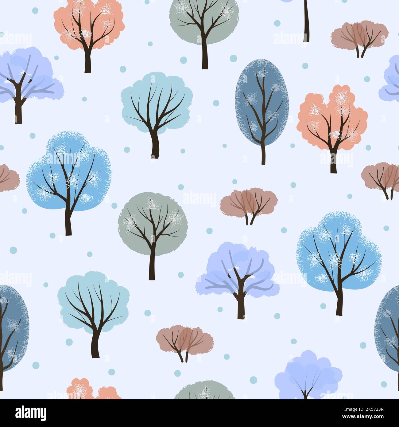 Seamless cartoon winter trees pattern. Vector abstract winter forest. Stock Vector
