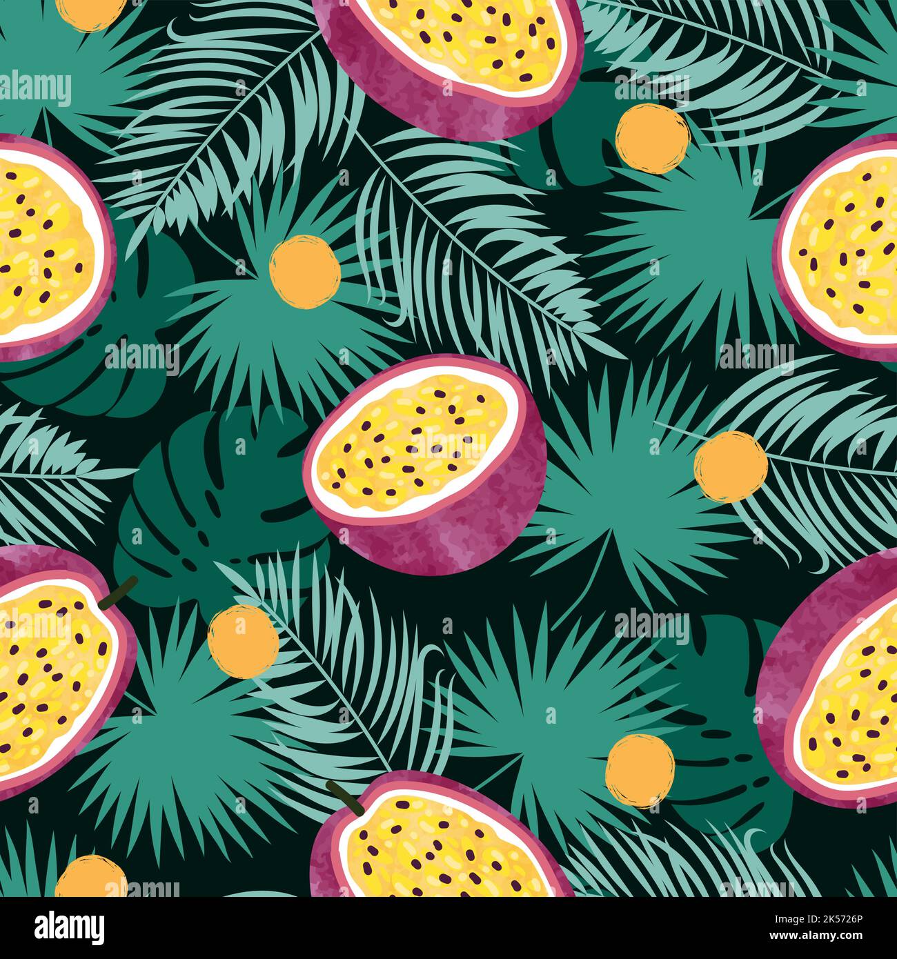 Tropical seamless vector pattern with passion fruit and jungle leaves ...