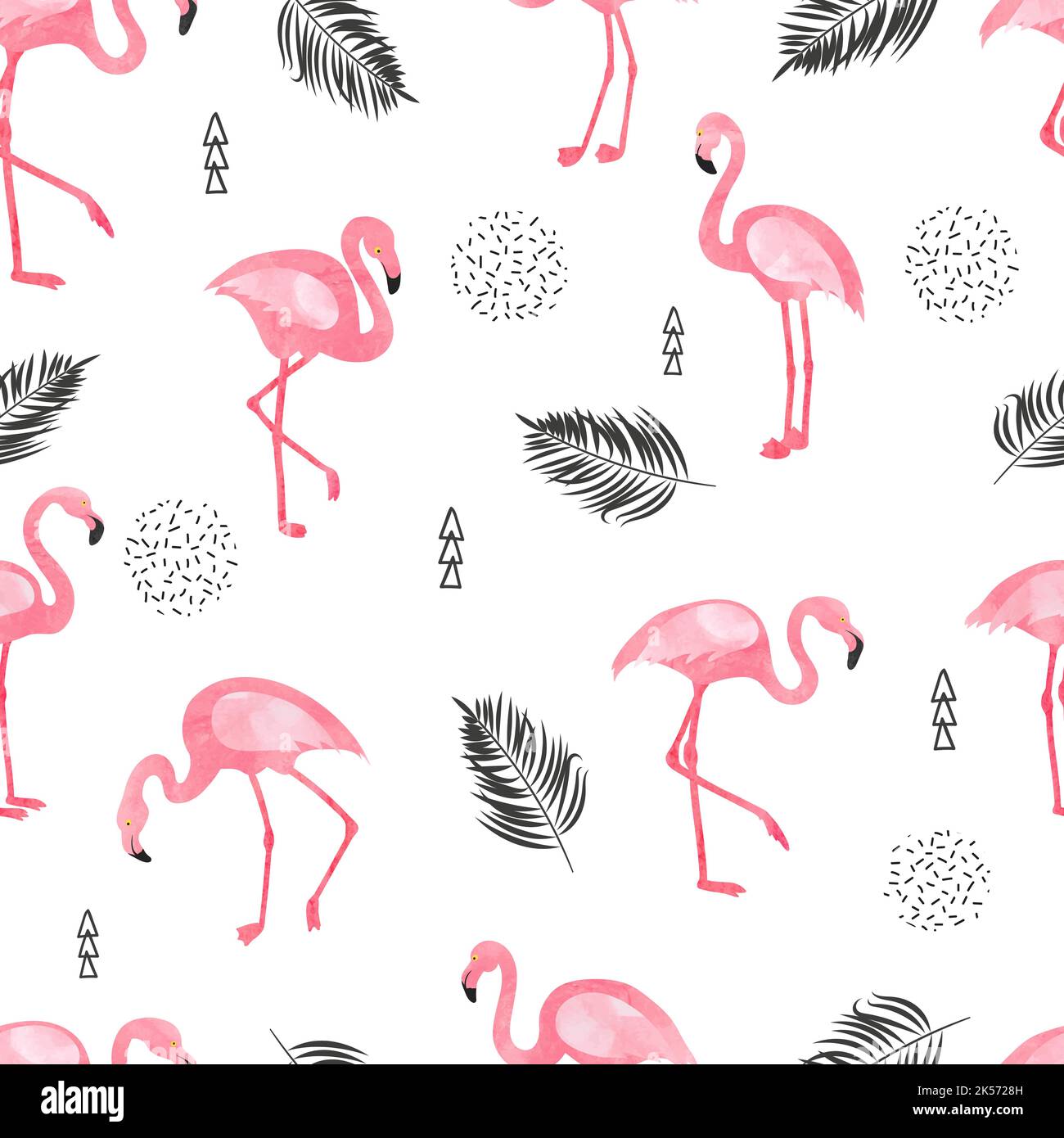 Seamless flamingo bird pattern. Vector background with watercolor flamingos and tropical leaves. Stock Vector