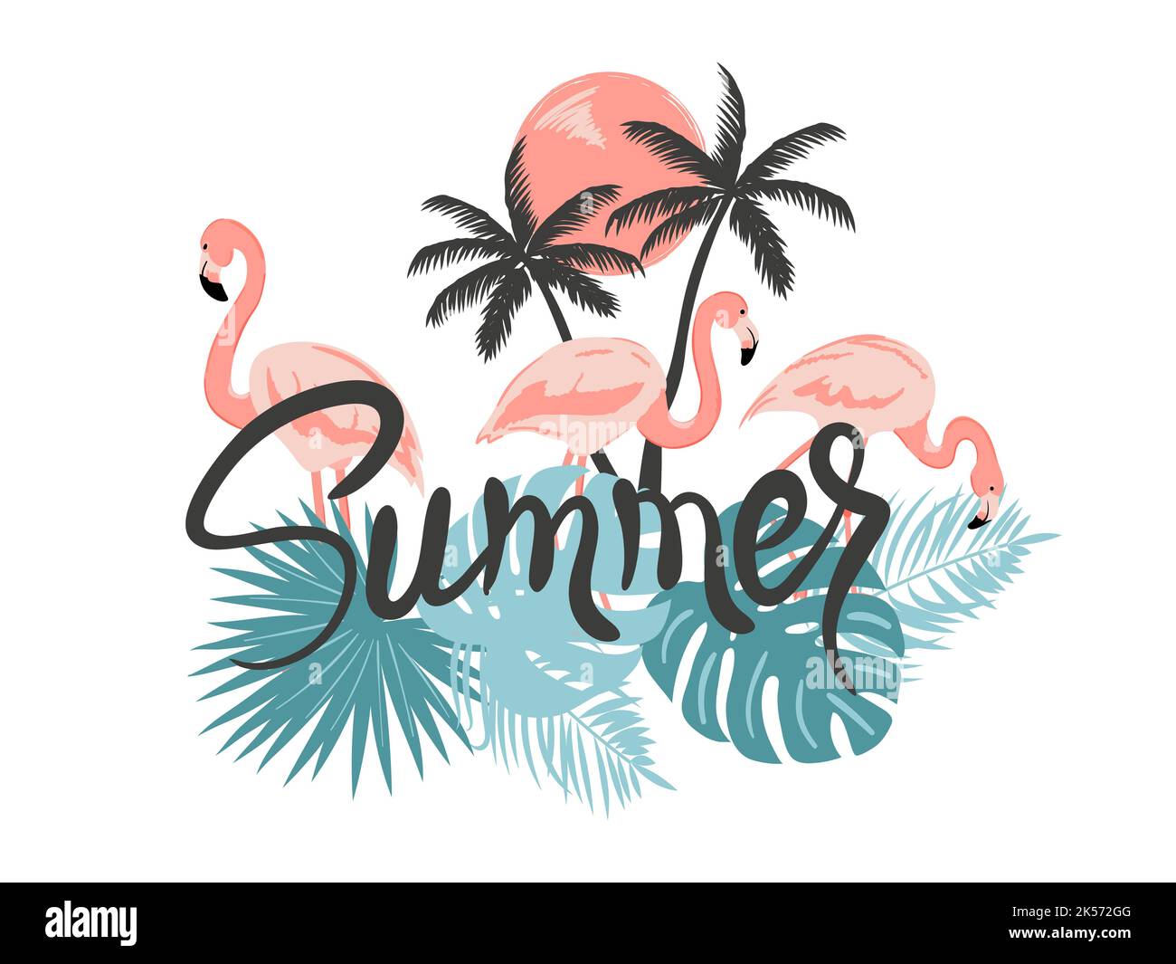 Beautiful flamingo birds and palm leaves. Tropical vector illustration ...