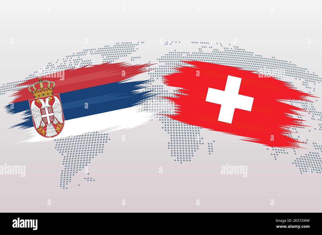Serbia vs Switzerland soccer ball in flag design on world map background for football tournament, vector for sport match template or banner. Stock Vector