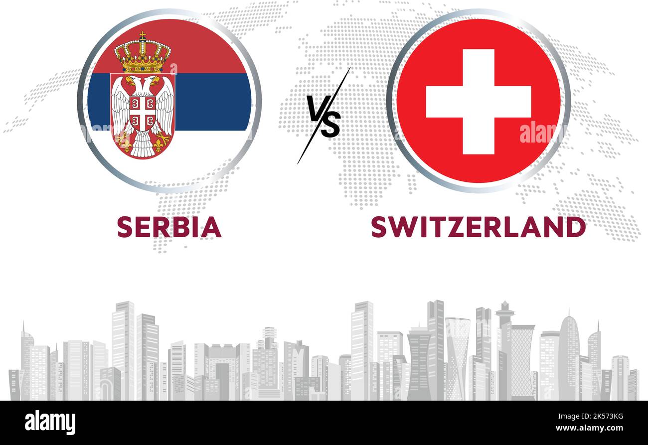 Serbia vs Switzerland soccer ball in flag design on Qatar skyline background for football tournament, vector for sport match template or banner. Stock Vector