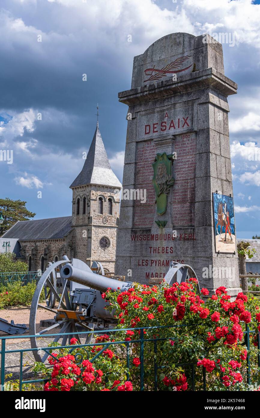 France, Puy de Dome, Ayat sur Sioule, Saint-Hilaire church and stele to General Desaix, a native of the village, recalling his military campaigns Stock Photo