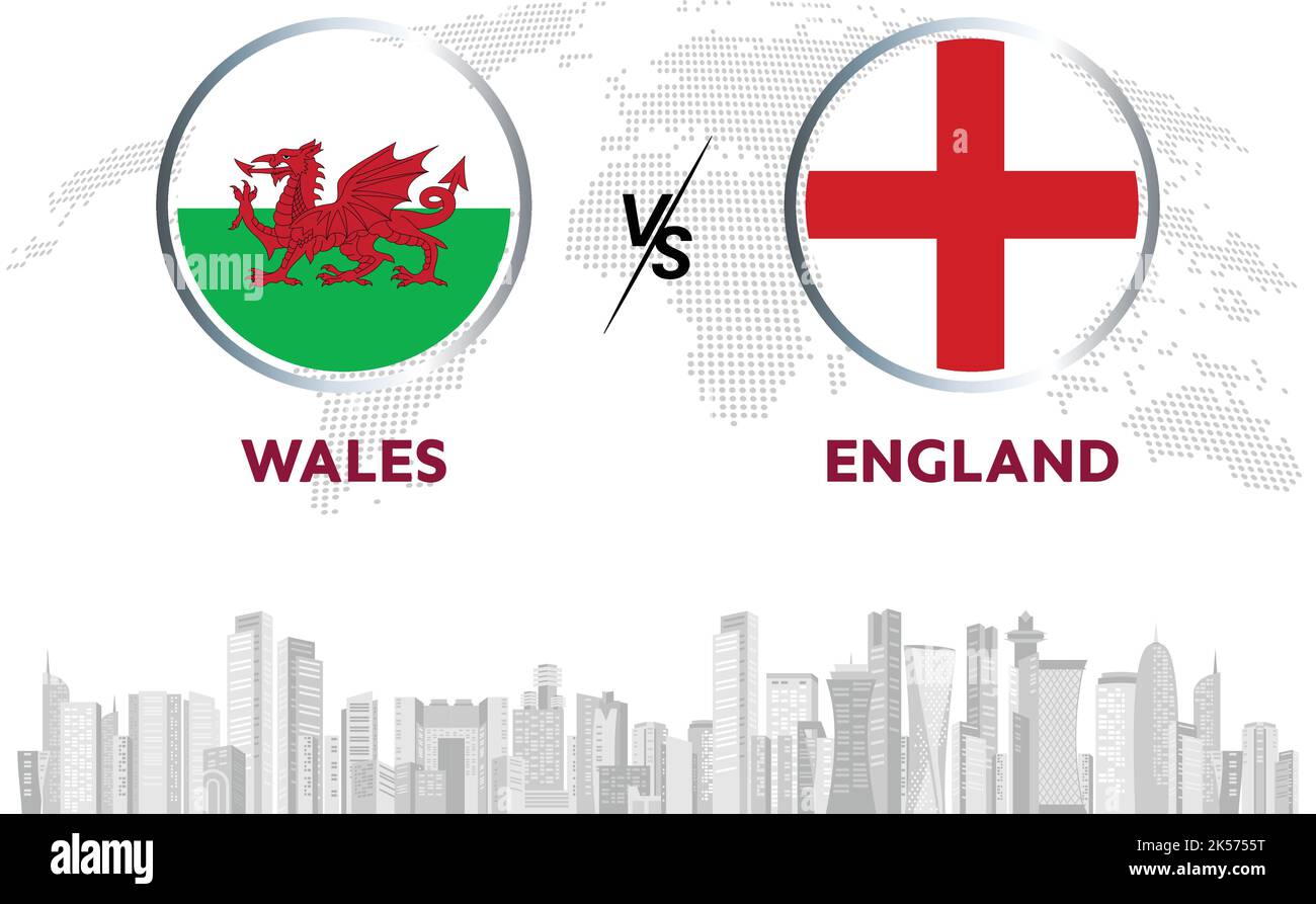 Wales vs England soccer ball in flag design on Qatar skyline background for football tournament, vector for sport match template or banner. Stock Vector
