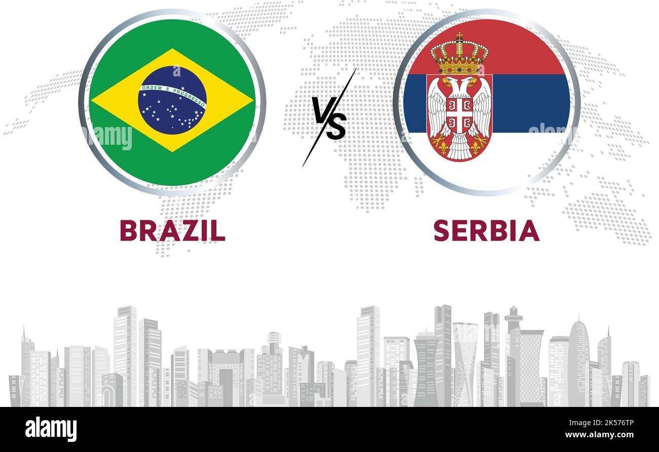Brazil vs Serbia soccer ball in flag design on Qatar skyline  background for football tournament, vector for sport match template or banner. Stock Vector