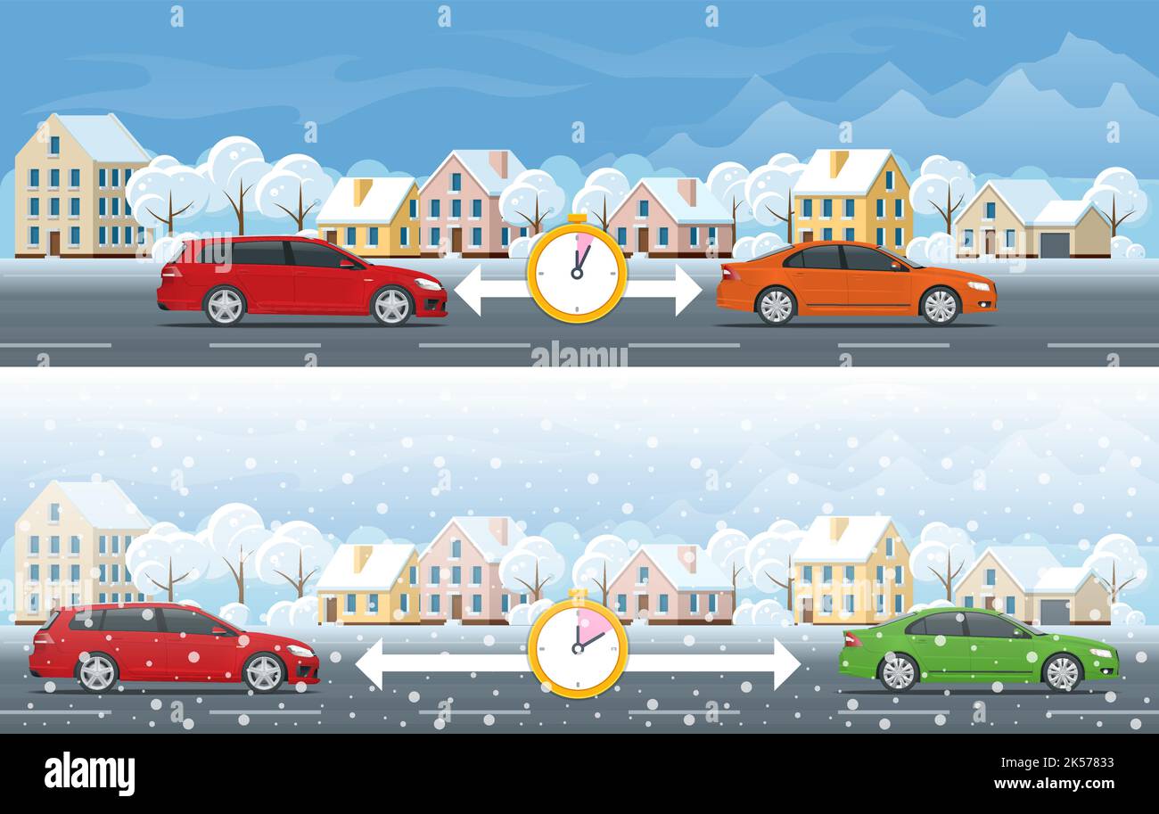 Safe distance between cars in winter, slippery road, snow or ice on the road. Observe a distance. The concept of safety and fail-safety on roads Stock Vector