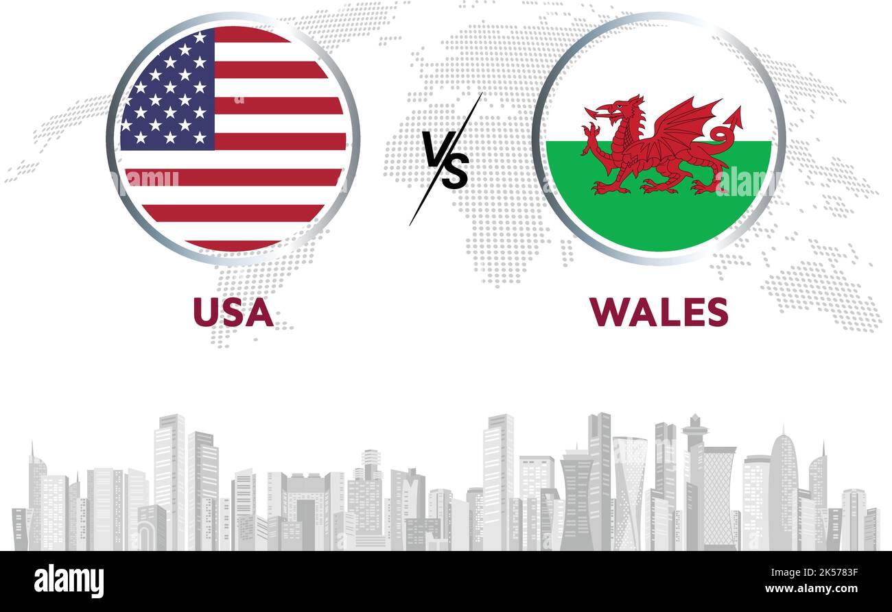 USA vs Wales soccer ball in flag design on Qatar skyline background for football tournament, vector for sport match template or banner. Stock Vector