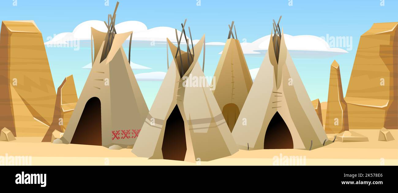 Indians wigwam hut made of felt and skins. In desert rocky area. North American tribal dwelling. Traditional home of nomadic peoples. Vector. Stock Vector